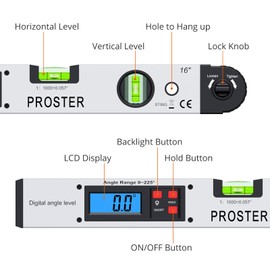 Proster 0-225° Digital Angle Finder Protractor - Aluminum Angle Gauges 225° 16 inch Backlit LCD Protractor with Horizontal and Vertical for Carpenter Woodworking Home Decoration