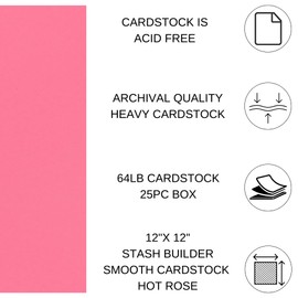 PA Paper Accents Stash Builder Cardstock 12" x 12" Hot Rose, 65lb Colored cardstock Paper for Card Making, Scrapbooking, Printing, Quilling and Crafts, 25 Piece Pack