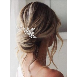 Heread Pearl Bride Wedding Hair Pins Silver Leaf Bridal Hair Pieces Rhinestones Hair Accessories for Women and Girls (Pack of 2)