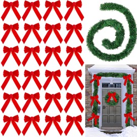 Cindeer 25 Pcs Christmas Velvet Bow Garland for Xmas Decorations, 10.24"x13.39" 24 Red Large Velvet Bows 54.13 ft Artificial Green Garland for Christmas Wreath Tree Ornament Indoor Outdoor Garden Door