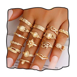 Bemous 16 Pcs Gold Knuckle Rings Set Vintage Stackable Ring Stackable Midi Finger Rings for Women Jewelry Mixed Size, Metal, No Gemstone