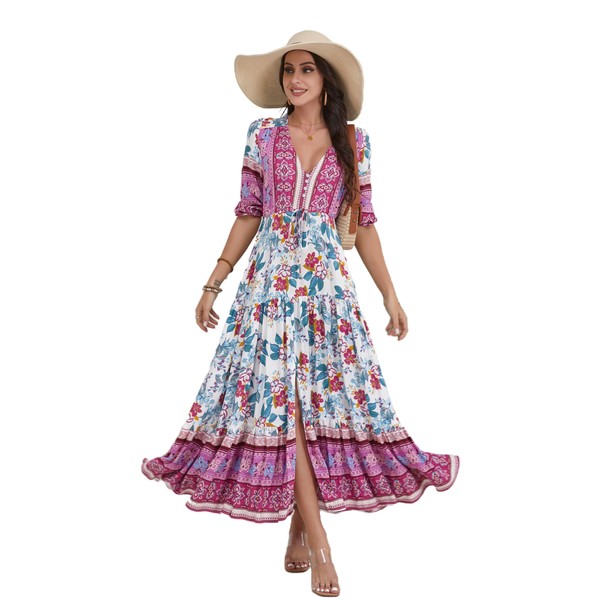 HECCPLI Women Short Sleeve V Neck Floral Print Casual Bohemian