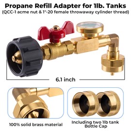 Propane Refill Adapter Safety Switch and luminous Indicator, Gas Adapter 20lb to 1lb Converter with with Valve and Gauge, 4 Caps Included, Solid Brass