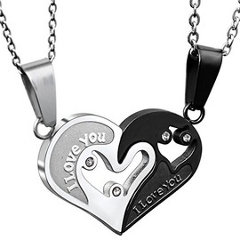 JewelryWe Jewellery Necklace, Partner Necklaces, Friendship Necklaces, Partner Pendant, Stainless Steel, I Love You Heart Puzzle Pendant Necklace With Free Engraving 2 Pairs, Stainless Steel