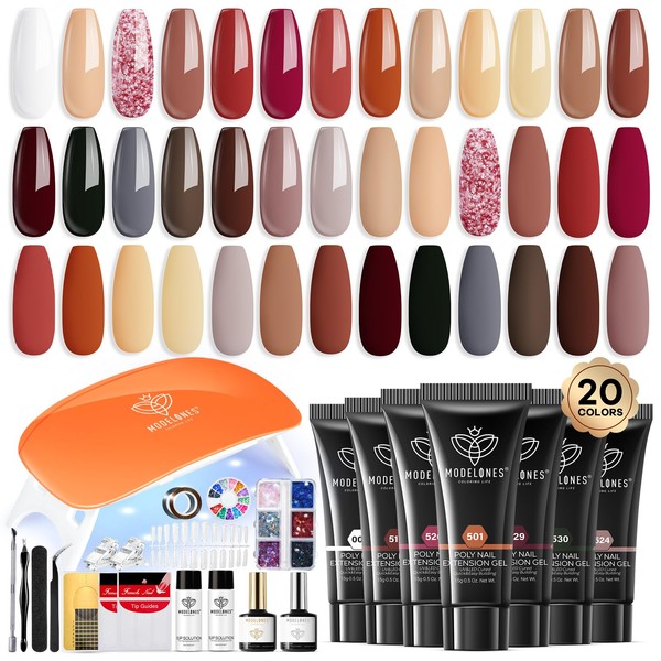Modelones 20 Colors Poly Nail Gel Kit with Nail Lamp – 122PCS All-in-one Starter Kit Winter Nude Red Brown Grey Glitter Nail Extension Art DIY at Home Gifts