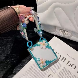 Szakdws Sparkle Case for Moto Razr 2024 with Chain,Women Girls Cute Bling Glitter Case Flower Pearl Diamond Crystal Rhinestone 3D Handmade with Bracelet Wristband Strap Keychain(Pink)