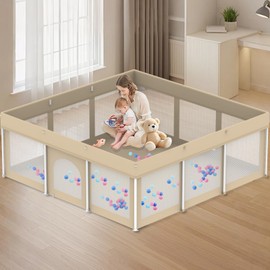 Foldable Large Baby Playpen 71"×71", Portable Playard for Babies & Toddlers, Lightweight Safety Baby Fence, No Installation, Indoor & Outdoor Playpen with 150 Ocean Balls, Beige