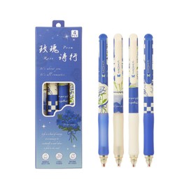 T-shin Rollerball Press Pens 4Pack,Rose Flower Theme Gel Black Ink Pens Set,Retractable Creative Studen Rolling Ball Pen,Kids Girl Women School Office Supplies Gift,Novelty Stationery (Blue)