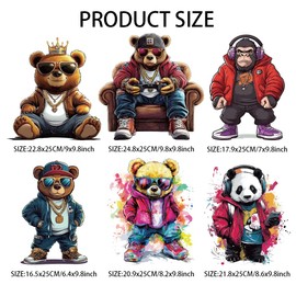 arricraft 6 Pcs Iron on Decals Patches, 6 Sizes Hip-hop Animals Iron on Stickers Fashion Bear Monkey Panda Heat Transfer Stickers Plastic Washable Patches for DIY Clothes Decor Backpacks Cover
