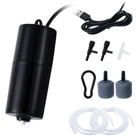 Gamdee USB Aquarium Air Pump Kit, Ultra Silent Fish Tank Air Pump Mini Aquarium Bubbler Portable Fish Tank Aerator with Air Stone & Single Outlet Double Silicone Tubes 1W, Black