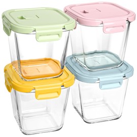 Borosilicate Glass Food Storage Containers 32 oz, 4 Cup Freezer Safe Glass Containers with Lids, Microwave Safe Soup Bowl, Small Square Meal Prep Jar for Salad, Fruit, Lunch, Ice Cream, Travel, 4 Pack