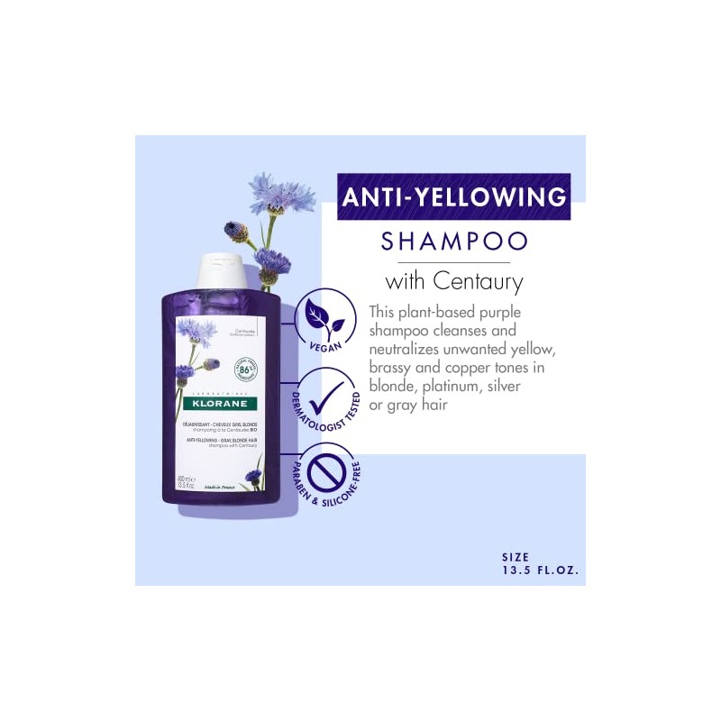 Klorane Plant-Based Purple Shampoo with Centaury, Brightens Blonde, Platinum, Silver,