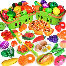 100 PCS Cutting Play Food Toy for Kids Kitchen, Pretend Food Toys for Toddlers, Play Kitchen Toys Accessories with 2 Baskets, Fake Food/Fruit/Vegetable, Birthday Gifts for 3 4 5 6 Years old Girls Boys