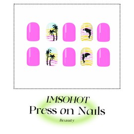 IMSOHOT Summer Press on Nails Short Square Fake Nails with Dolphins & Coconut Trees Design Full Cover Glossy Pink False Nails Cute Artificial Acrylic Glue on Nails for Women Girls Nail Manicure