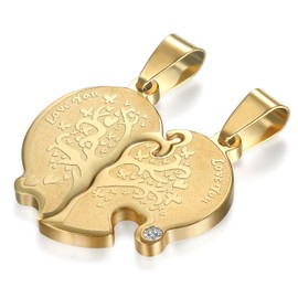 Flongo 2 Stück Partner Anhänger Halskette Set, Strass Edelstahl Kette Love you Gravur Baum des Lebens Tree of Life Herz Herzchen Puzzle Gold Golden Partnerketten Lieben Herren,Damen Schmuckset