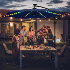 FRUITEAM Solar Colorful LED Lights Offset Patio Umbrella, 10 FT Heavy Duty Cantilever Outdoor Umbrella with 200+ Light Modes, All-Weather UV Protection Sun Shade for Poolside, Garden, Backyard (Navy)