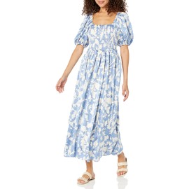 Moon River Women's U Neck Puff Sleeve Shirred Tiered midi Dress, Blue