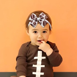 ONENINEDREAM 4’’ Football Baby Girl Bows Sports Bow Game Day Headband Hair Ribbon Bow for Toddler Newborn Elastic Nylon Hair Accessories White Bow
