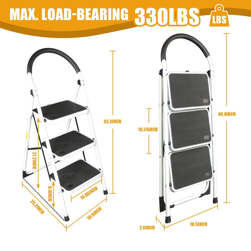 Big Red 3 Step Ladder, 400lbs Ergonomic Folding Stool with