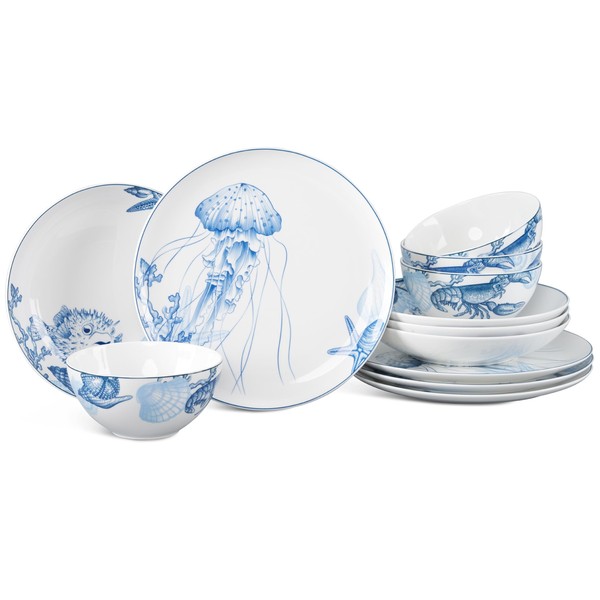 Minh Long 12-PCS Porcelain Coastal Dinnerware Set, Plates, Bowls, Service