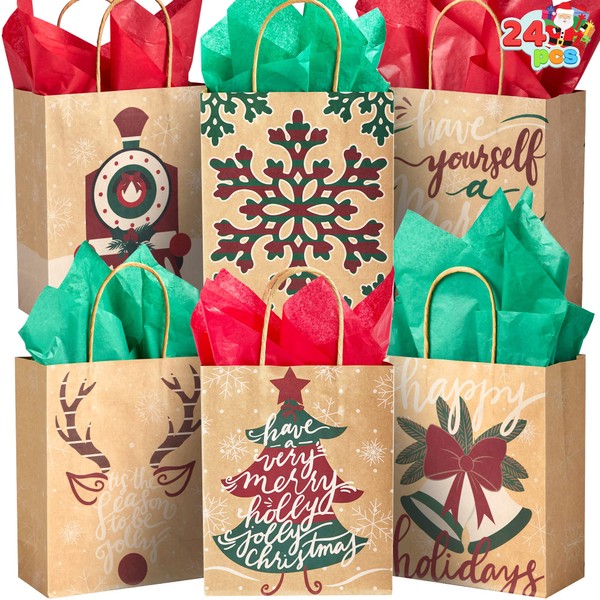 JOYIN 24 PCS Christmas Kraft Bags, Paper Gift Bags with Christmas Characters for Xmas Party Favors, Goody Gift Bags, Holiday Treat Box and Presents 7.25x9x3.5 Inch (not included tissue paper)