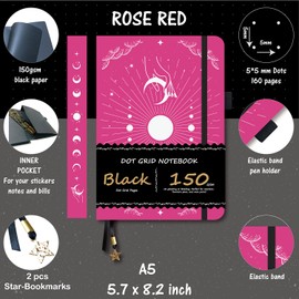 BUKE Dotted Journal - 150gsm Black Paper - 5 * 5mm DOT GRID Layout 160 Pages - A5 Size PU Leather Hardcover Drawing Sketch Notebook (Rose Red)