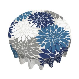 AGAYNA Navy Blue Dahlia Floral Tablecloth Round 60 Inch Summer Table Cloth,Stain Resistance Grey White Modern Geometry Flower Decor Table Covers for Kitchen Dining,Small Tablecloth for Party Picnic