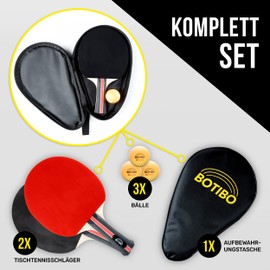 BOTIBO Table Tennis Bat Set of 2 Including 3 Balls and Transport Bag - 5-Layer Table Tennis Trowel - Table Tennis Set Made of 3 x Wood and 3 x Bat Rubber - Table Tennis Bat Made of 3 Wood Types - Ping