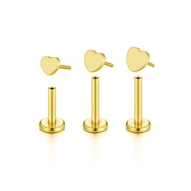 JSDDE 3 Heart Lip Piercing Stud Gold Threadless Insertion Labret Piercing Nose Piercing Stud Helix Tragus Piercing Medusa Ashley Piercing Lip Piercings Stud, Stainless Steel, No Gemstone