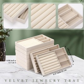 Highergo 8 Pcs Small Velvet Jewelry Trays Stackable Drawers Organizer Ring Earring Storage Trays, 8.3x4.7x1'' (3 Grids,7 Slots)