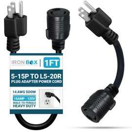 IronBox Electric 5-15P to L5-20R Plug Adapter Power Cord - 15A, 125V, 14 AWG SOOW - UL Listed Power Cord Extension Cable - Heavy Duty Plug & Connector for Generator, Data Centers & More (1ft, Molded)