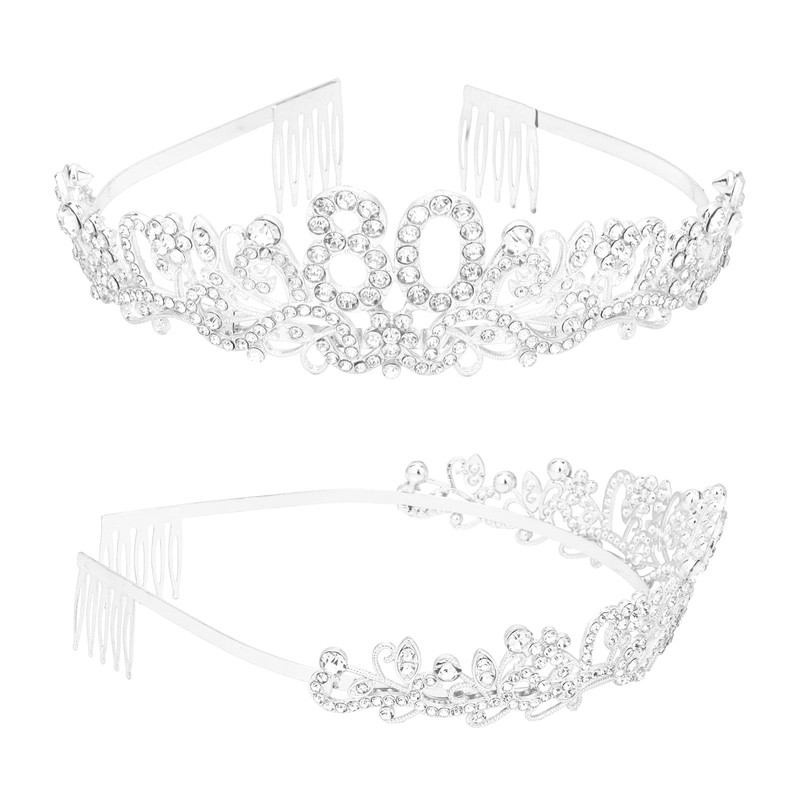 KIUEZIR Silver 80th Crystal Birthday Headband and Sash Set