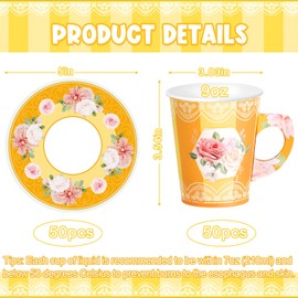 Zopeal 100 Pcs Tea Party Decorations Disposable Blossom Party Paper Tea Cups and Plates, Floral Paper Tea Cups and Saucers for Cold Drink Mother's Day Baby Bridal Wedding Birthday(Orange)