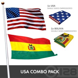 UD_G128 Combo Pack: USA American Flag 3x5 Ft Embroidered Stars & Bolivia (Bolivian) Flag 3x5 Ft Double-sided Embroidered 210D