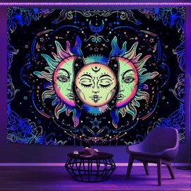 Lifeella Blacklight Sun and Moon Tapestry, UV Reactive Burning Sun Tapestries Glow in Dark Aesthetic Mystic Wall Hanging Colorful (Mutil, 68"×90" (172.5×230cm))
