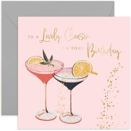 Old English Co. Lovely Cousin Birthday Card - Special Female Birthday Card - Fabulous Pink Purple Cocktail Gold Foil Design for Women - 21st, 30th, 40th, 50th - Cute Card for Her | Blank Inside