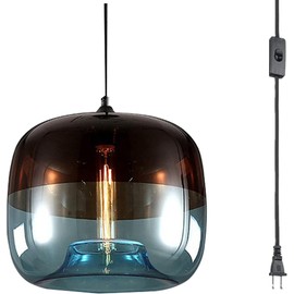 SANDYHA Brown-Blue Glass Kitchen Pendant Light Mid Century Glass Chandelier Modern Plug-in Ceiling Hanging Light Fixture for Kitchen Island Dining Room Entryway (Amber-Blue)