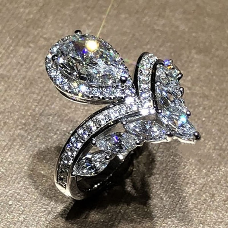 925 Sterling Silver Shiny Full Diamond Pear Marquise Cut Cubic