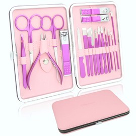 Glamne Manicura Pedicura Set Profesional Cuidado de Uñas Kit de Cuidado de Uñas con Estuche de Viaje 18pcs (Brillante Rosy)