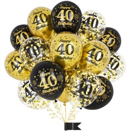 40th Birthday Balloons,15 Pcs Black Gold Party Decorations with Happy Birthday Latex Confetti Balloons for Men Women 40th Birthday Décor Anniversary Age Balloons