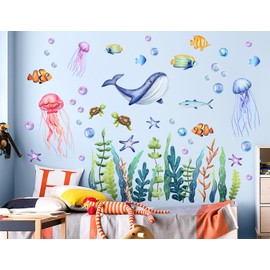 3D Ocean Animals Wall Decals Jellyfish Whale Sea Creatures Wall Stickers Colorful Under The Sea Fish Turtle Seaweed Ocean World Themed DIY Removable Peel and Stick Wall Decor for Kids Nursery DT-2136