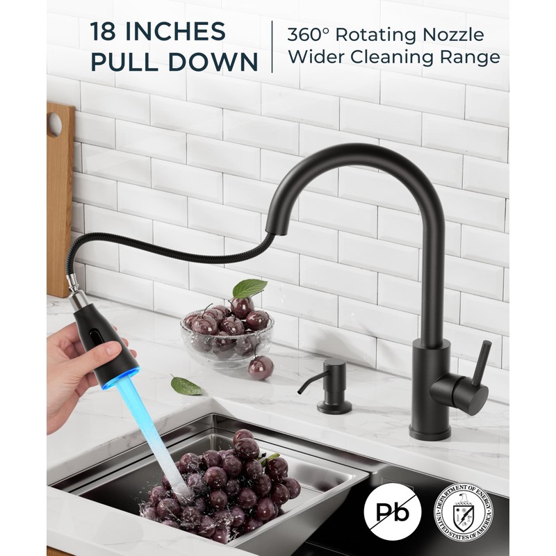 FORIOUS LED Kitchen Faucet with Soap Dispenser and Pull Down