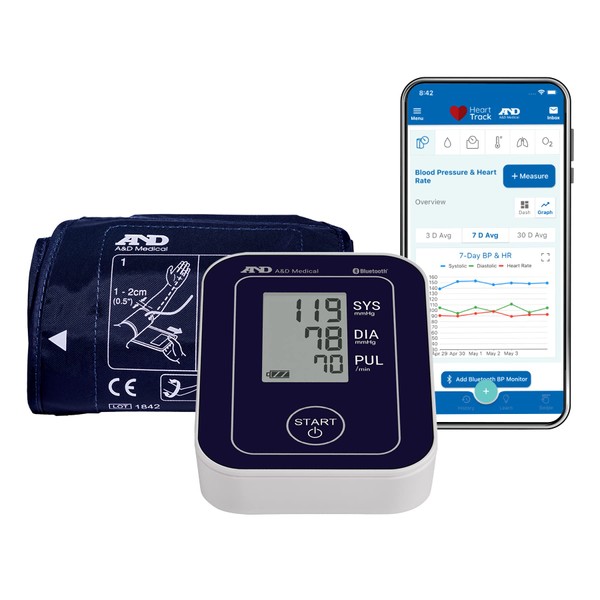 A&D Medical LifeSource ESSENTIAL Blood Pressure Machine with Bluetooth, Upper Arm Cuff (22-42 cm/8.6-16.5" Range) Home BP Monitor, One Click Operation, Connects with A&D HeartTrack App