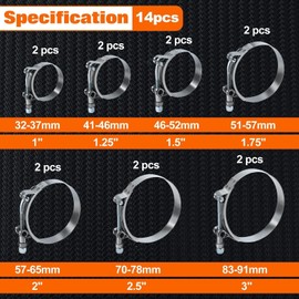 SPEEDWOX 14pcs T-Bolt Hose Clamps 7 Sizes 304 Stainless Steel Heavy Duty Adjustable Tube Clamps Working Range 32-91mm for 1" 1.25" 1.5" 1.75" 2" 2.5" 3" Hose 304 Stainless Steel Turbo Intake Clamp
