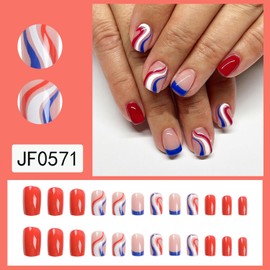 Independence Day Press on Nails Square Short Full Cover Glossy Acrylic French Patriotic False Nails with Line Designs Artificial Short Coffin July 4th Fake Nails Glue Stick on Fingernails for Women