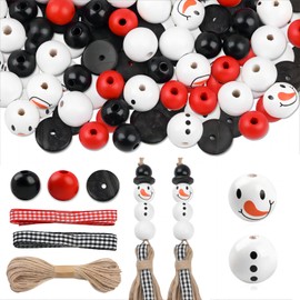 103 Pcs Christmas Beads Set Wooden Snowman DIY Round Wood Bead Kits Christmas Decoration Winter Crafts Kit Beads Bracelet Making for Home Party Gift Kids Adults