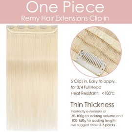 Clip in Remy Hair Extensions 20inch Real Human Hair One Piece Clip on Hair Extensions Seamless #613 Bleach Blonde 3/4 Half Head Natural Straight