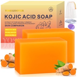 Kojic Acid Soap, Turmeric Soap Bar for Dark Spots remover for face and body with Collagen, Vitamin E, Retinol, Hyaluronic Acid, Shea Butter,Original Japanese Complex, 2 Bars With Face Scrubber