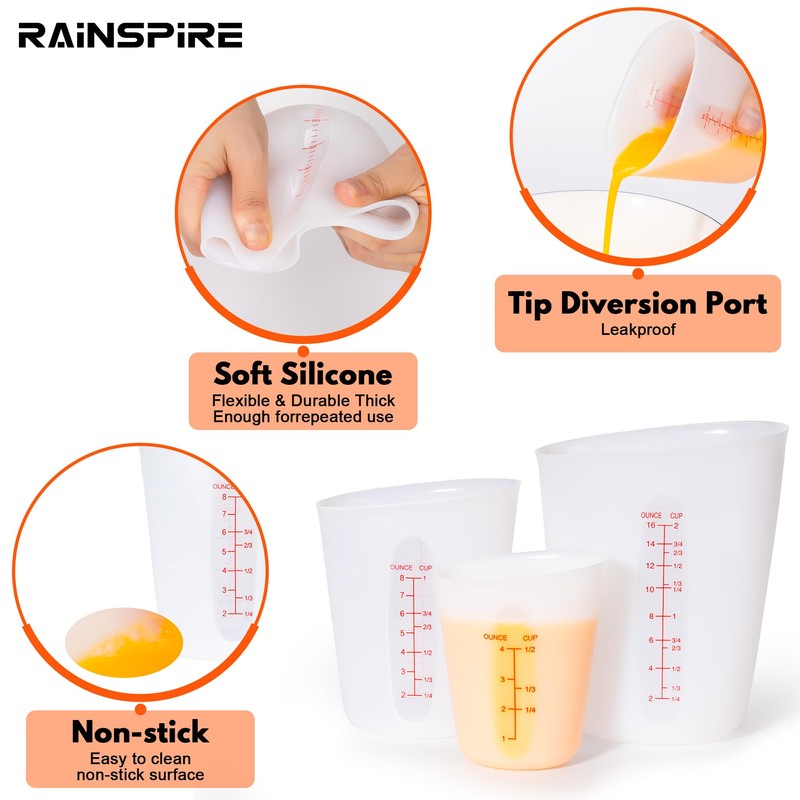 Rainspire Upgraded 3 Piece Silicone Measuring Cup Sets Squeeze &