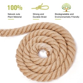 Rope 1 1/4 Inch 100 Feet Jute Rope, Heavy Duty Jute Rope,Natural Hemp Rope, Twisted Hemp Rope for Crafts, Gardening, Bundling, Climbing, Hammock, Nautical, Tug of War, Railings, Home Decorating